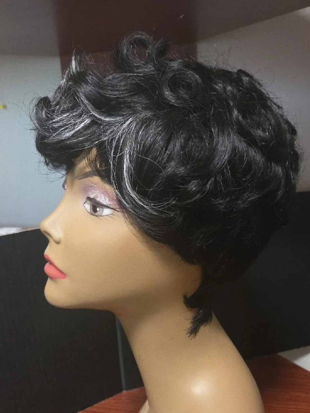 Short Black and Silver Pixie Wig - Women Hair